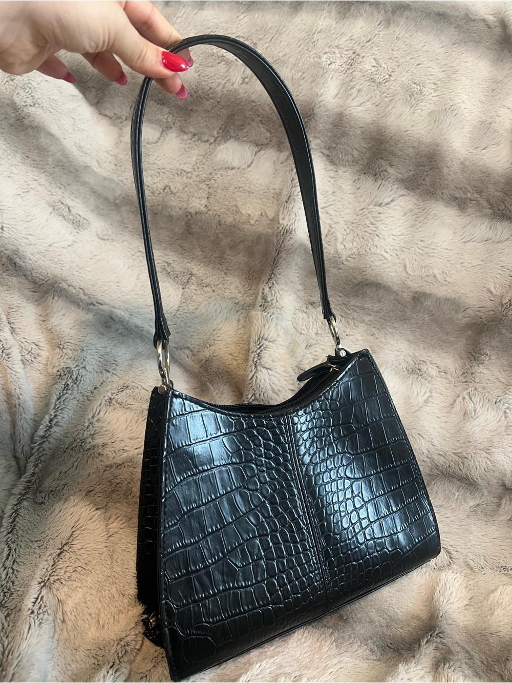 Black Croc-Embossed Shoulder Bag - Women